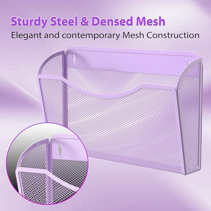MINDEPOT Wall File Organizer, Hanging Wall File Holder, 3 Pack, Purple | Heavy Duty Iron, Metal Mesh Wall Mount, Single Pocket, Mail Organizer, for Office School Classroom Home, Letter A4 Size