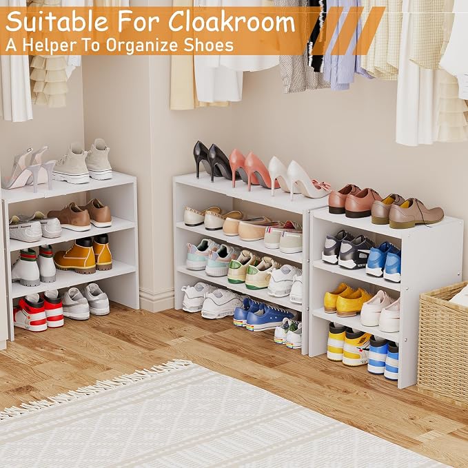 3-Tier Expandable White Shoe Rack Organizer for Closet, Stackable Shoe Racks Storage Shelf, Small Metal Wood Combination Shoe Shelves for Closets,Entryway,Front Door, Narrow Space,Hallway,8-16 Pairs