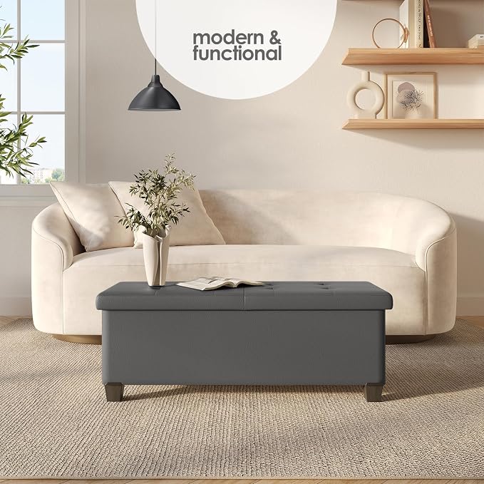 Storage Ottoman Bench with Bins, 43-in Storage Bench for Bedroom End of Bed, Folding Foot Rest Ottoman for Living Room Max 660lbs, Faux Leather Ottomans, Grey