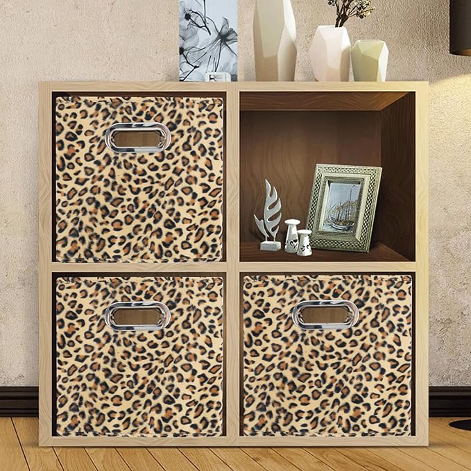 ANMINY Leopard Cheetah Print Storage Cubes Bins, Velvet, Brown, 13Inch 4PCS | Collapsible & Washable, PP Board Frame, Built-in Metal Handles, Animal Themed Fabric Cubes Baskets for Closet Shelves Decor