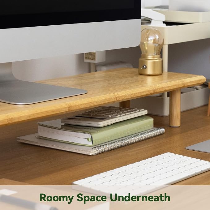 Bamboo Dual Monitor Stand Riser, Natural Desk Shelf with Storage | 39.37-Inch Wide, 3.5-Inch Clearance, Fits Keyboards, Soundbars and Two 24-Inch Monitors for Home Office