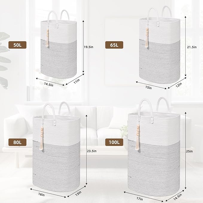 Woven Laundry Basket for Clothes, 100 L Large Rectangle Laundry Hampers with Beads Tassel, Nursery Storage Basket for Toys, Tall Dirty Clothes Hamper for Bedroom Aesthetic, Laundry Room Organization