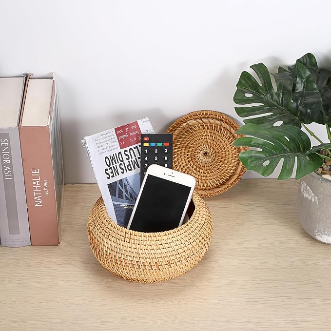 Hipiwe Handwoven Rattan Basket Round Round Wicker Storage Box | Decorative Shelf Baskets Multi-purpose Natural Basket Box for Remote Control Bread Candy Farmhouse Picnic Baskets