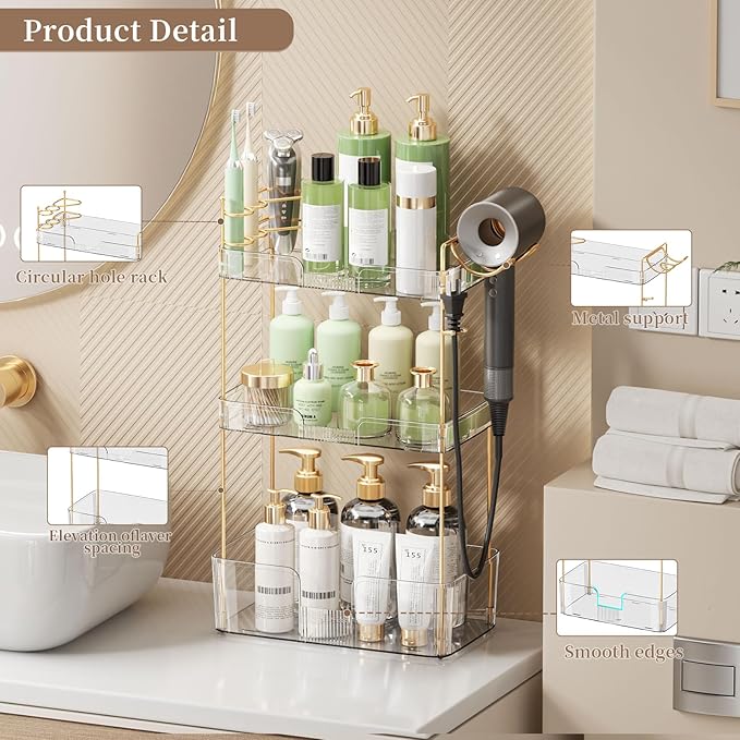 Akinbas 3 Tier Bathroom Organizer Countertop Makeup Perfume Tray Skincare Organizer Comes with Hair Dryer Rack and Toothbrush Holder for Bathroom Dresser Vanity (White)