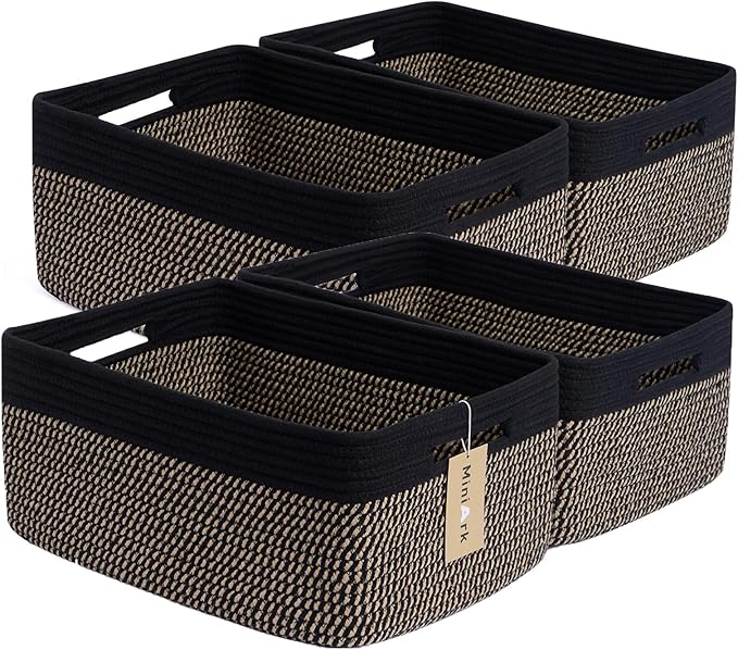 MiniArk Large Storage Baskets for Organizing, 17 x 13 x 7.5” Closet Shelf Baskets for Clothes Blanket Towels, Baby Nursery, Toy Bins Box, Woven Rope Baskets, 4 Packs Woven Brown