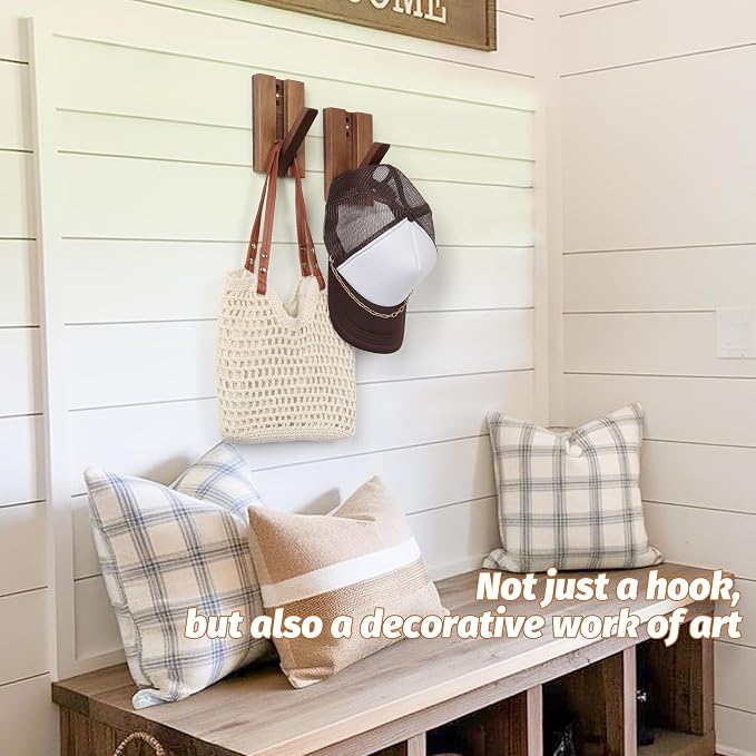 Wood Wall Hooks for Bathroom | 2Pack Foldable Coat Hooks for Rustic Hanging Towels Bags Coats, Space Saving Minimalist Design for Aesthetic Homeowner