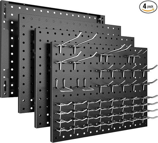 Spampur Peg Board, 4 Pack Metal Pegboard Panels with 50 Hooks, Black Pegboards Wall Organizer, Heavy Duty Peg Board for Walls Home, Garage Tool Storage, Office Organization, Craft Room, Kitchen