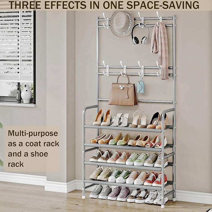 Coat Rack Shoe Rack With Storage Hooks Standing Organizer 4 Tier | Metal Freestanding Hall Tree for Clothes Hats bag Scarves Space Saving Design for Entryway Bedroom living Closet Office,Grey