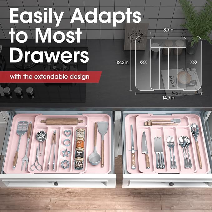 Aujen Silverware Drawer Organizer, Adjustable Utensil Cutlery Tray | Expandable Kitchen Organizer for Forks Knives, Multipurpose Kitchen Storage, Apartment Essentials, Pink, Medium