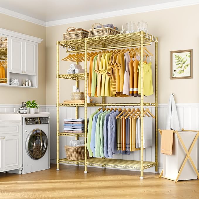 F2 Clothes Rack, 5 Tiers Heavy Duty Garment Rack for Bedroom | Freestanding Adjustable Closet Storage Organizer, Portable Clothing Wardrobe, 46.1"W x 15.4"D x 78.3"H, Load 630lbs, Gold