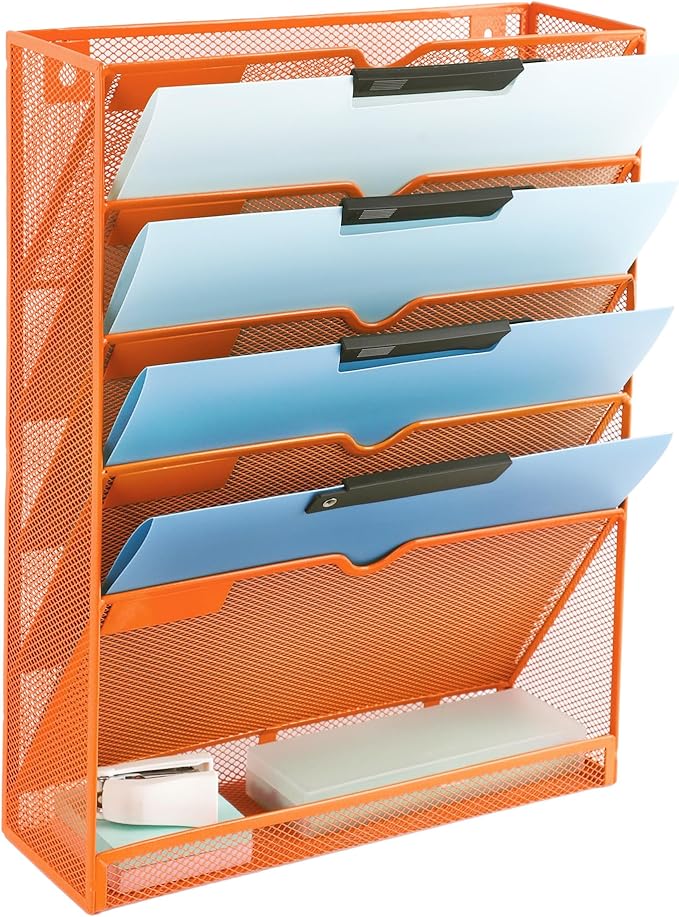 EASEPRES 6 Tier Mesh Hanging Wall File Organizer, Desk Vertical Mail Paper Document Folder Holder Rack with Bottom Tray and Nametag Label for Office Home School, Orange