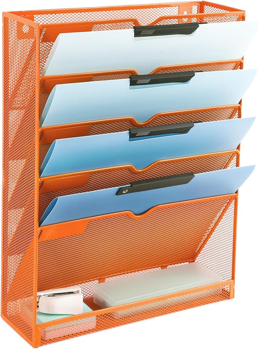 EASEPRES 6 Tier Mesh Hanging Wall File Organizer, Desk Vertical Mail Paper Document Folder Holder Rack with Bottom Tray and Nametag Label for Office Home School, Orange