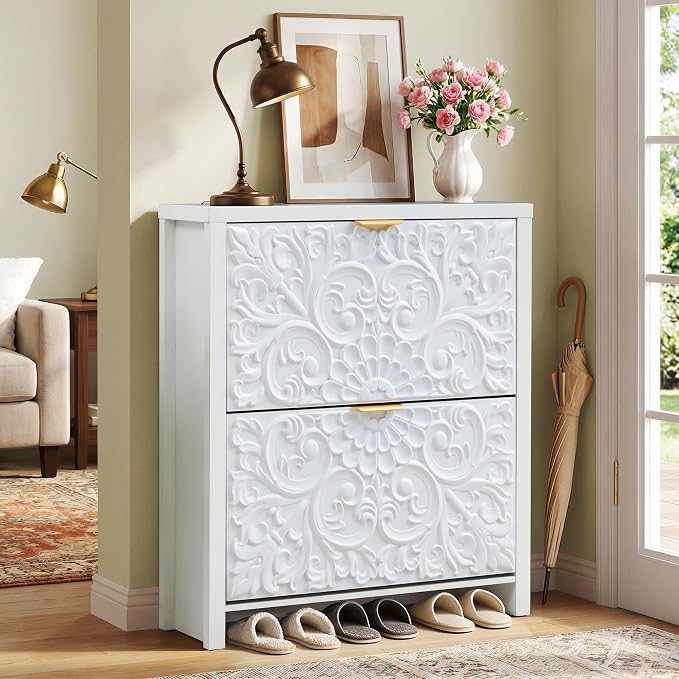 weselon Flip Drawer Shoe Cabinet Set of 2, Narrow Shoe Storage Cabinet, 2-Tier Hidden Shoe Organizer with Carved Floral for Entryway, Slim Shoes Storage for Hallway Foyer (2, White)