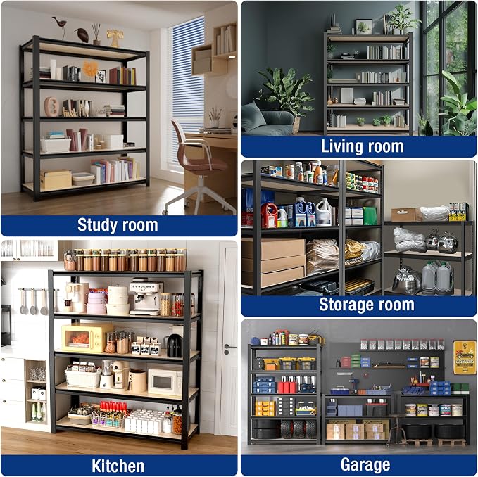 WORKPRO 5-Tier Black Shelving with Board, 48”W x 24”D x 72”H, 3000LBS Load | Adjustable, Heavy Duty, 3000lbs, Boltless Shelving for Kitchen, Living Room, Garage