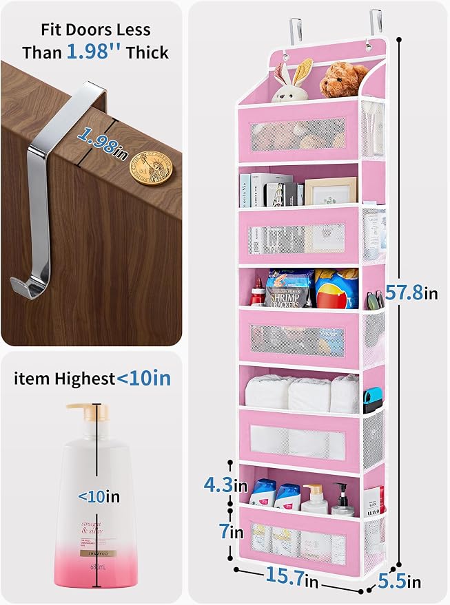 JARLINK Over the Door Organizer for Bedroom, Pantry, Bathroom, 5 Shelf Pink | Anti-Tilt Design, 44 lb Load Capacity, Hanging Door Organizer with 5 Large Capacity Pockets, Behind Door Storage for Nursery