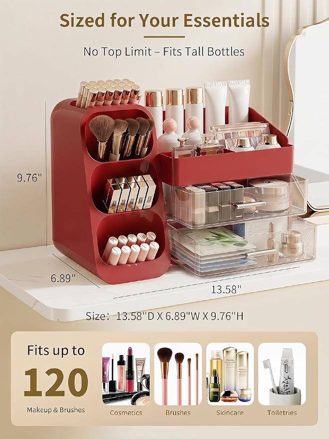 Booklov Large Makeup Organizer for Vanity Countertop, Red | Clear Acrylic Cosmetic Display Case, Beauty Brush Holder for Bathroom Counter, Make Up Skincare Lipsticks Storage