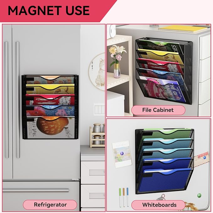 5-Tier Magnetic File Holder, No Drilling Wall File Organizer, File Folder Bins, Mail & Magazine Rack, Magnetic Paper Document Holder for Refrigerator File Cabinets Whiteboard, Black