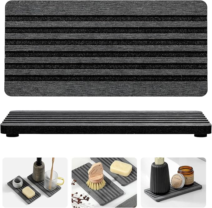 2PCS Diatomite Quick Stone Drying Tray Mat For Bathroom & Kitchen Counter, Instant Dry Water Absorbent Drink Bar Coaster,Vanity Sink Caddy Organizer,Dish Soap Sponge Holders, Charcoal,8"x3.8"