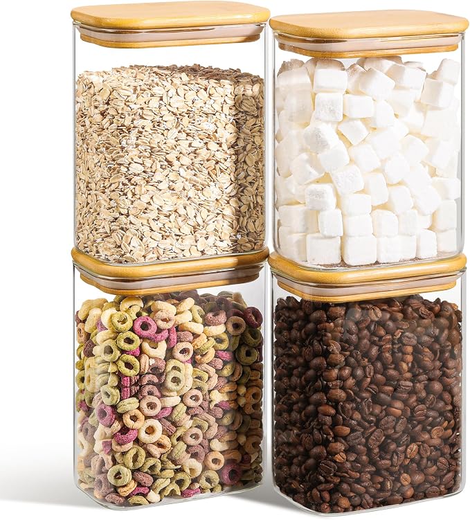 ComSaf Glass Storage Containers wtih Lids 1.2 Qt, Set of 4 Food Storage Jar | Glass Pantry Storage Containers, Rectangle Kitchen Canisters, Bamboo Lid with Silicone Seal, Cereal, Flour, 37oz, BPA Free