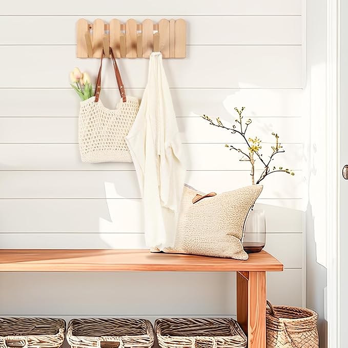Wooden Boho Wall Mount Coat Rack 6 Hooks 16.8'' | Entryway Hanger with Magnetic Foldable Hooks Mounted, Space Saving for Hanging Jacket Bag for Apartments & Modern Homes