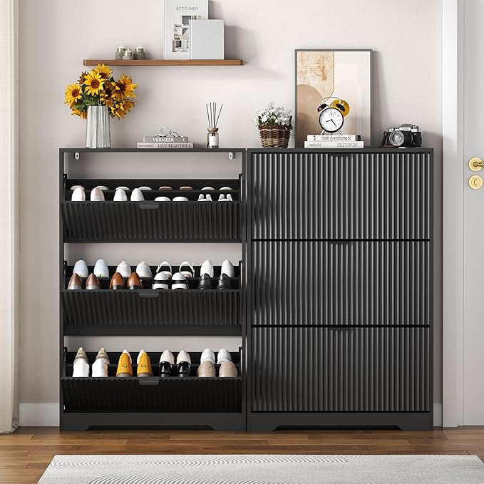 HUANLEGO Shoe Cabinet Storage for Entryway with 3 Flip Drawers, Black Fluted Shoe Cabinet with Adjustable Shelves, Wooden Hidden Shoe Rack Freestanding Narrow Slim Shoes Storage for Hallway, Entrance