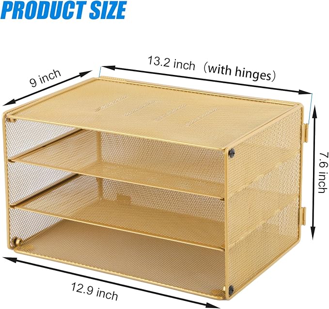 Paper Organizer Tray, 3 Tier Mesh Desk File Organizer Letter Sorter Holder for Home Office, Gold