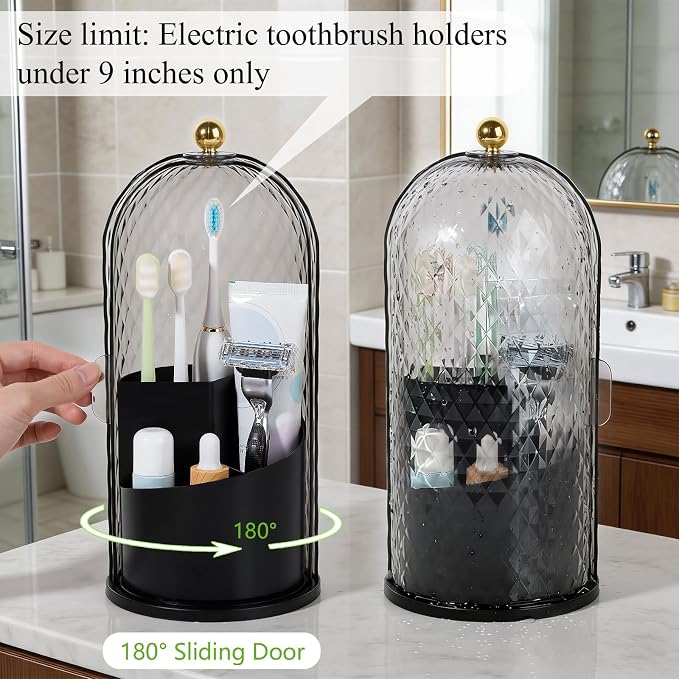 Toothbrush Holder with Cover for Bathroom Countertop, Organizer, Black | Rotating 3 Slot Holder for Electric Toothbrushes, Toothpaste, Self Draining Vanity Organizer, Makeup Brush Storage