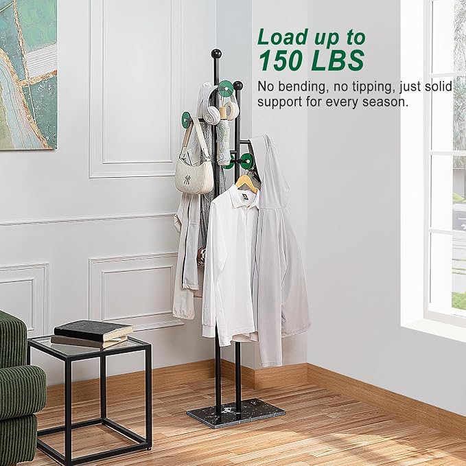 Metal Standing Coat Rack for Entryway Bedroom Living Room (Black) | Easy Assembly, Compact Footprint, Space Saver, Metal Frame, Marble Base, Sturdy, 8 Spherical Hooks, Office, Corner