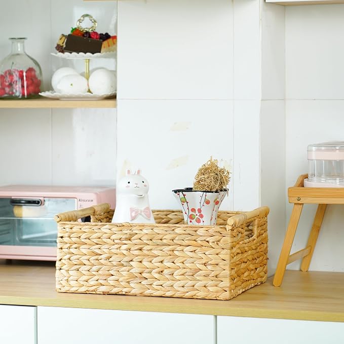 VATIMA Extra Large Wicker Basket Rectangular with Wooden Handles for Shelves, Water Hyacinth Basket Storage, Natural Baskets for Organizing, Wicker Baskets for Storage 16.7"x12.4"x7"