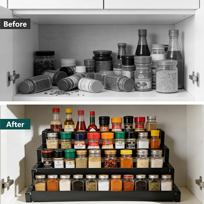 bealy 4-Tier Spice Rack Countertop Spice Rack Organizer for Cabinet, Expandable 16“-29” Spice Shelf Seasoning Organizer, Spice Organizer for Pantry, Slip-Resistant Design for Jars and Bottles