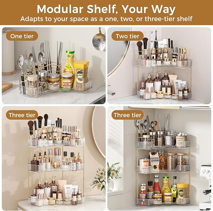 BEFSOP Corner Bathroom Counter Organizer, Upgraded 2-Tier Makeup Organizer Countertop with Makeup Brush Holder, Skincare Exquisite Vanity Organizers Countertop Bathroom Storage Dresser(CLEAR)