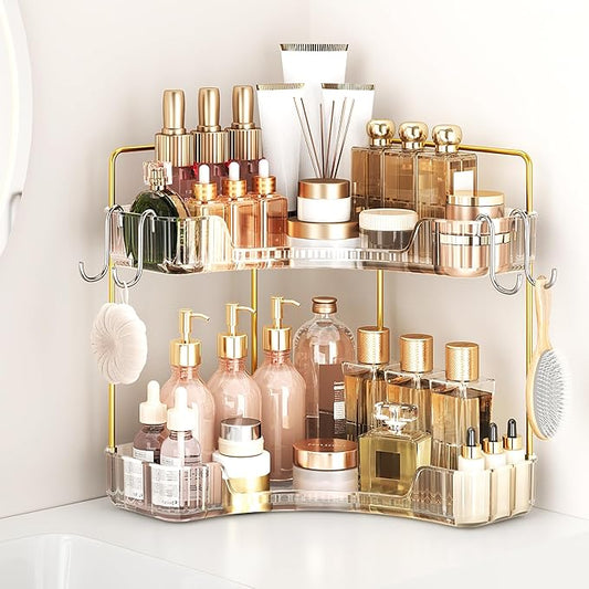 Corner Bathroom Counter Organizer 2 Tier Bathroom Organizers | Storage Countertop with Hooks Skin Care Exquisite Vanity Organizer Countertop Bathroom Storage Dresser, Kitchen-Clear