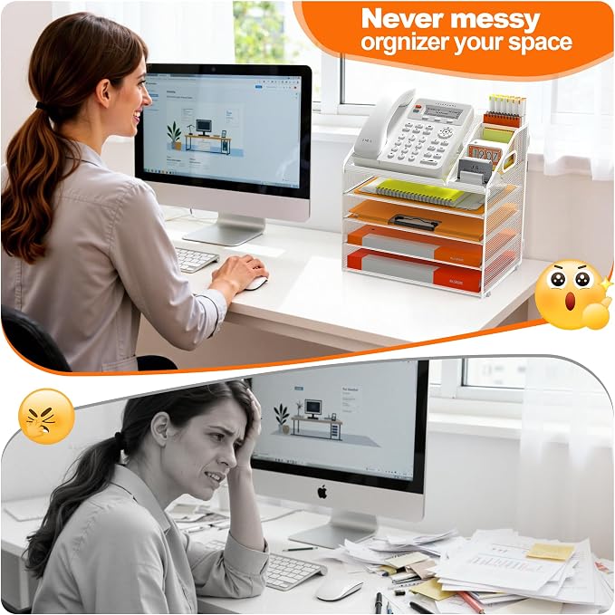 DocNest 5 Tier Metal Mesh Desk File Organizer with Phone Shelf, White | Desktop letter tray sorter features a 9.1x9.1 inch top phone holder, built-in sticky note compartment and pen holder