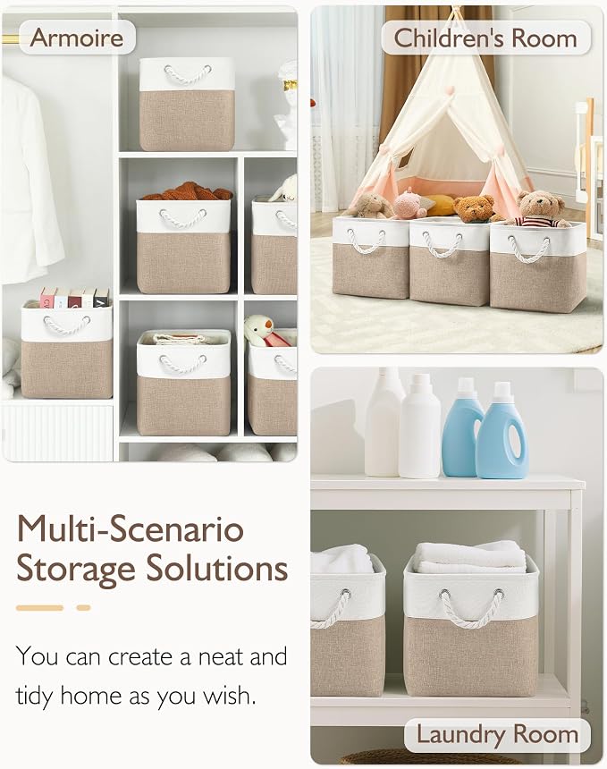 Patvingot 11-Inch Fabric Cube Storage Bins with Handles,6 Pack,Foldable | For cube shelves and closets,keeps grouped for everyday access,reinforced opening and fold-flat storage,white and khaki