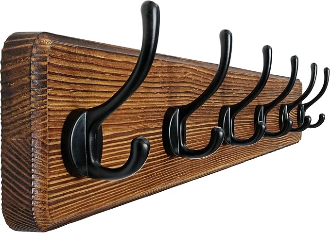 Coat Rack Wall: 24" Long, Patented, Heavy-Duty, 6-Double-Hooks Wooden Wall Mounted Coat Rack Coat Hanger Hook Rail for Winter Coats Hat Jacket Clothing, Natural & Black