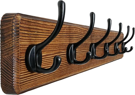 Coat Rack Wall: 24" Long, Patented, Heavy-Duty, 6-Double-Hooks Wooden Wall Mounted Coat Rack Coat Hanger Hook Rail for Winter Coats Hat Jacket Clothing, Natural & Black