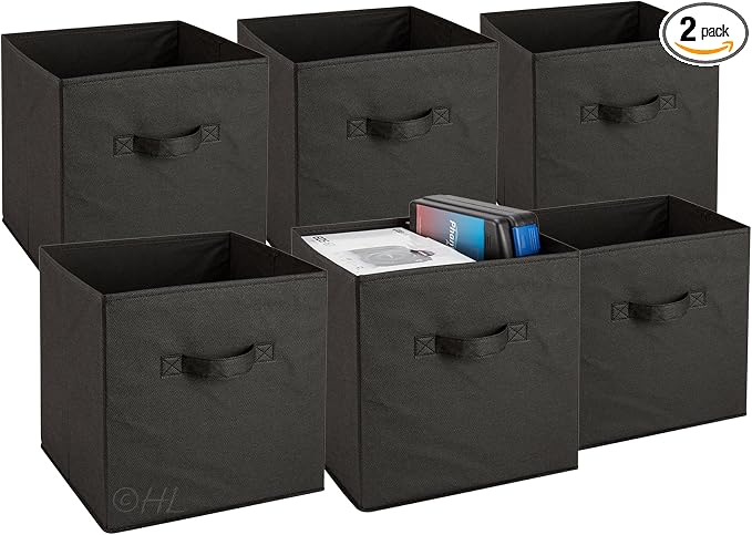 Handy Laundry Foldable Cube Storage Bins - 6 Pack - Decorative Fabric Storage Cubes are Collapsible & Great Organizer for Shelf, Closet or Underbed. Convenient for Clothes or Kids Toy Storage (Black)