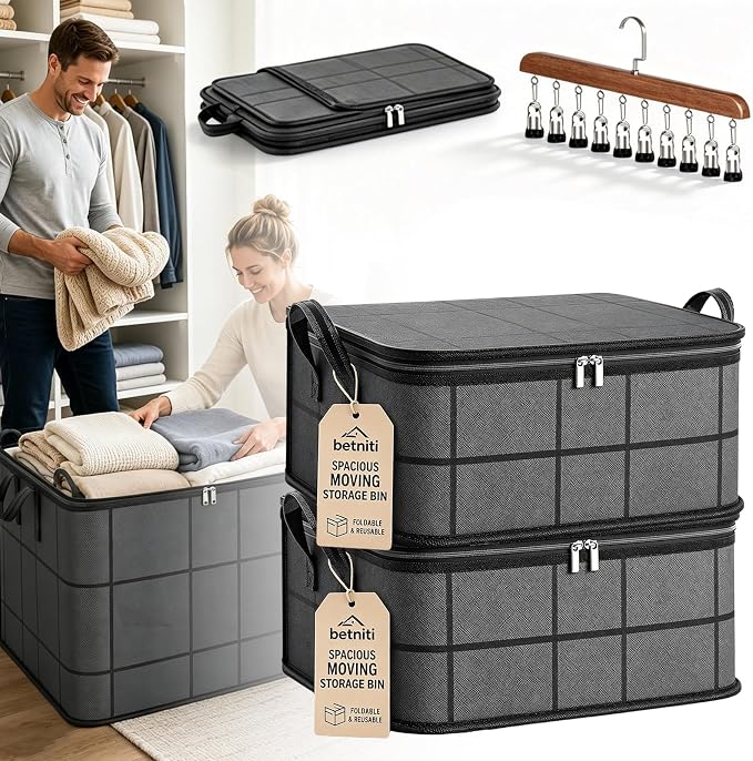 Upgrade Spacious Moving Storage Bin - Large Capacity Zippered Fabric Organizer for Bedding & Clothes, Foldable Blanket Bag with Reinforced Handles for Quilts, Comforters & Moving Day，2Pcs：S