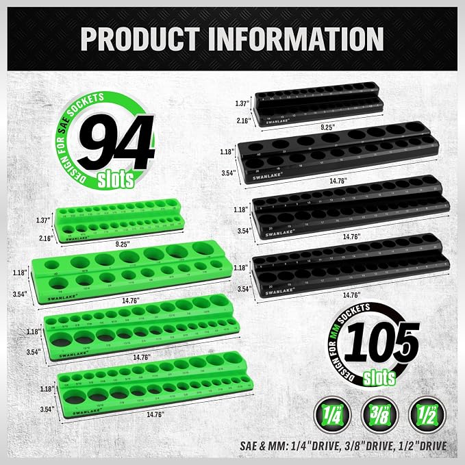 Magnetic Socket Organizer Holder Tool: 8PCS Set includes 2PCS 1/4", 4PCS 3/8", 2PCS 1/2" Drive Socket Storage Trays Toolboxs, Holding 199 Slots Soft Rubber Covering Black Green (sockets not included)