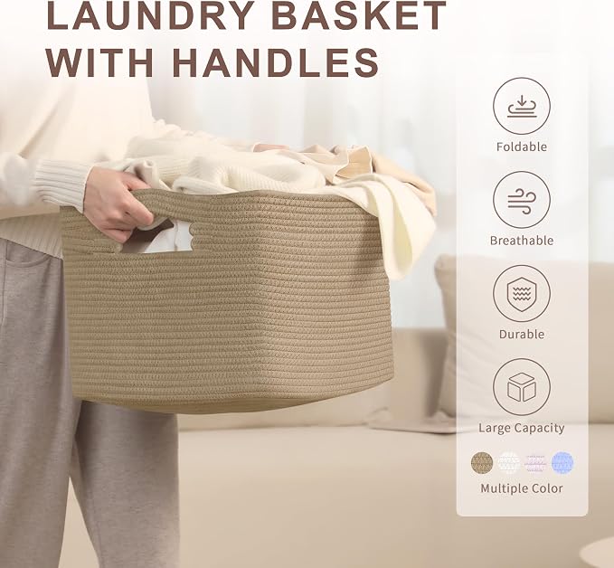 45L Small Woven Laundry Basket Hamper with Handles, Jute | collapsible wicker hamper, storage for dirty clothes, toys, blankets, gifts, living room, bedroom, bathroom, 18"x14"x11"