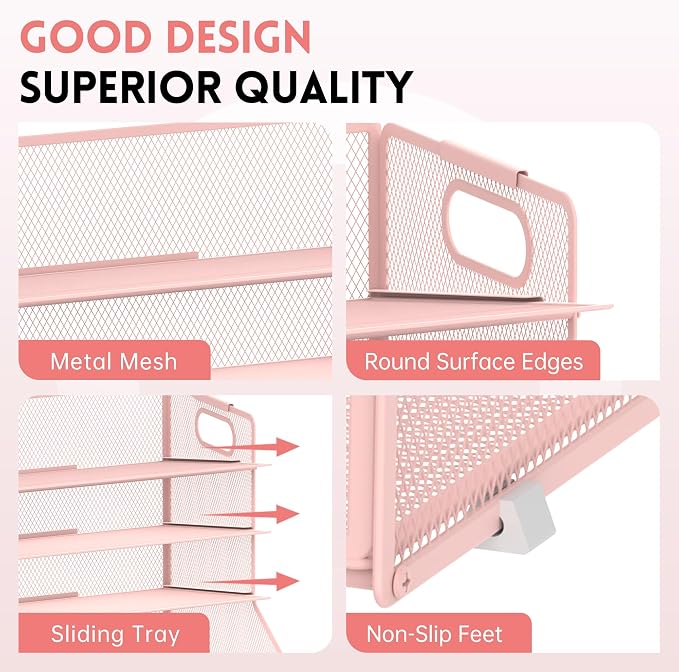 5-Tier Desk Organizer with File Holder & Pen Holder & Sliding Drawer, Pink | Mesh Metal Paper Letter Tray for Papers, Mail, Office Supplies, and Desk Accessories