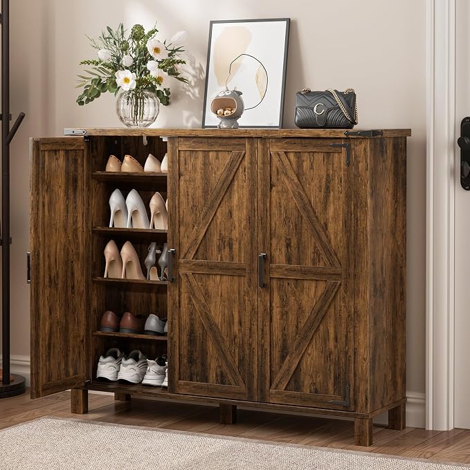 ALLSTAND 5-Tier Shoe Storage Cabinet, Farmhouse Shoe Rack Organizer Cabinet with 4 Adjustable Shelves & Side Cabinets, Freestanding Shoe Cabinet Storage with Anti-tip Fitting for Entryway, Brown