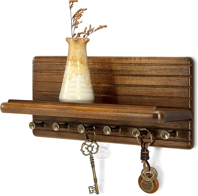 Rebee Vision Acacia Wood Key Holder Wall Mount for Entryway, Brown | Key Holder for Wall, Round Corner, Funtional Floating Shelf, Mail Organizer, Apartment Storage, Practical Home Essential