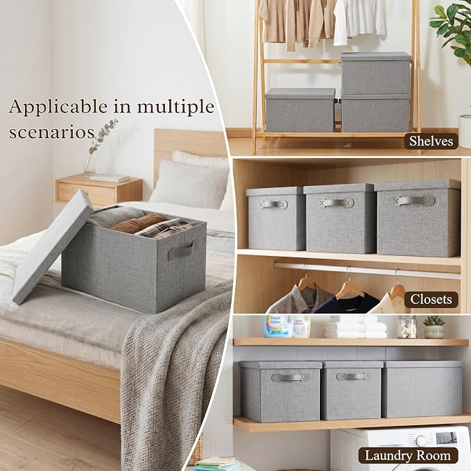 Fabric Storage Bins with Lids, Heavy Duty Collapsible Organizer Bins for Shelves, Stackable Closet Woven Baskets with Handles, 25L Rectangle Boxes for Bedroom Office, Cube Home Decor (Gray 2 Pack)