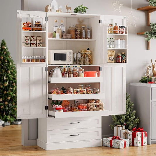 71" Tall Farmhouse Kitchen Pantry Cabinet with 3 Pull Out Shelves & 2 Large Drawers, Pantry Storage Cabinet with 6 Door Shelf & Adjustable Shelf, Freestanding Cupboard for Kitchen, Dining Room