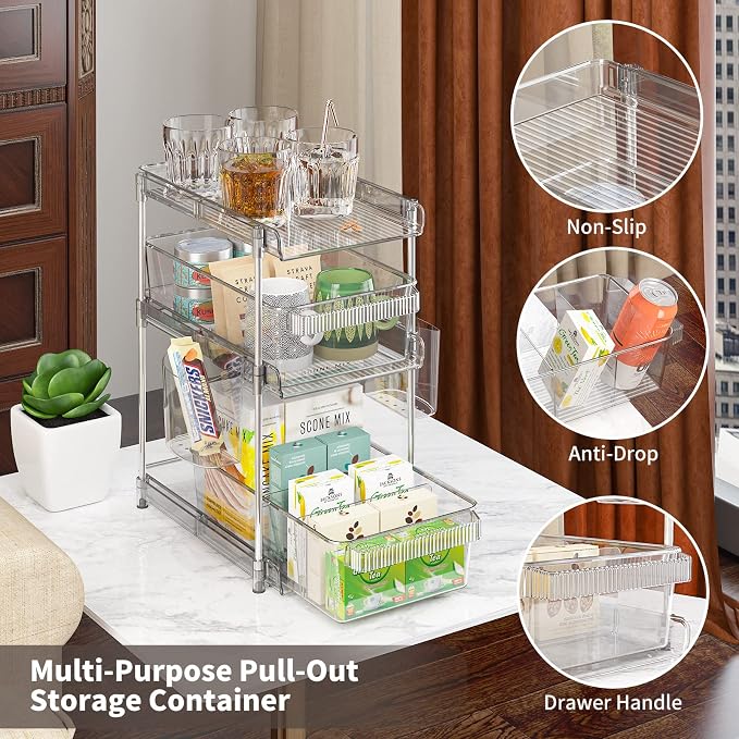 WAKISA 2Pcs Pull Out Organizer and Storage with Cups and Removable Dividers | Slide Out Drawer Storage Containers for Bathroom, Kitchen and Under-Sink Organization with 2 Cups and 6 Removable Dividers