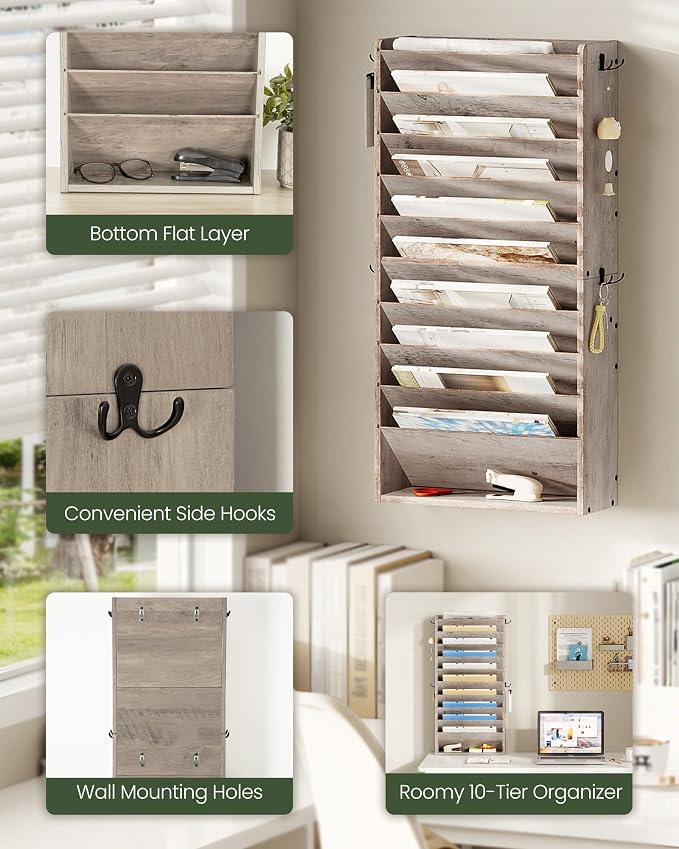 CHOEZON Wall File Organizer, 10-Tier Hanging Mail Organizer, Wall Mount File Holder with 4 Side Hooks, Industrial Mail and Storage Organizer, Wooden Vertical Hanging Holder for Office, Greige MWJ03FH