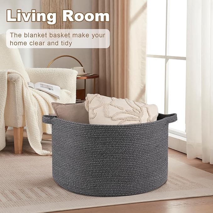 OIASKET Large Woven Baskets for Storage, 23.6" x 23.6" x 14.6" Blanket Storage Living Room, Baby Toy Basket for Clothes, Pillows, Towels, Shoe Basket for Entryway (Dark Grey)