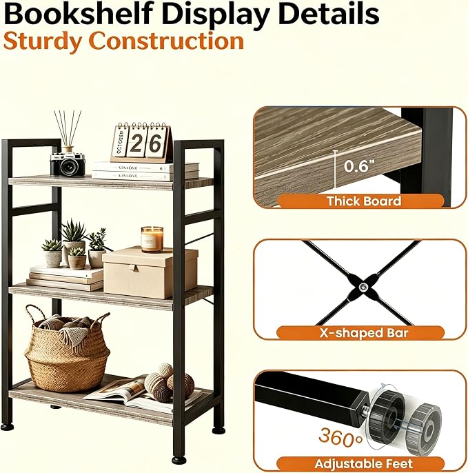 HealSmart 3 Tier Bookshelf, Free Standing Book Shelf Home Office Bookcase Shelf Storage Organizer for Bedroom, Bathroom, Living Room, Office, Balcony, Gray Wood