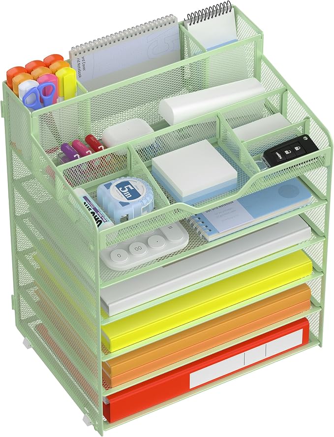 Docnest 6 Tier Mesh Desk Organizer with Letter Tray & Paper Sorter, Green | Features 3 built-in pen holders & 5 adjustable compartments on top. Includes 4 non-slip rubber feet for desk protection
